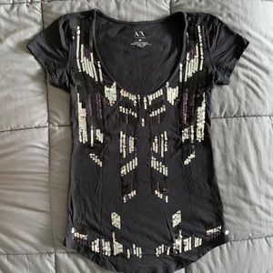 Armani Exchange:  black sequin t-shirt.
